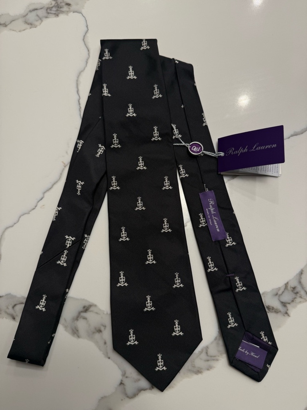 Ralph Lauren Purple Label Black Tie with White Crest Motif